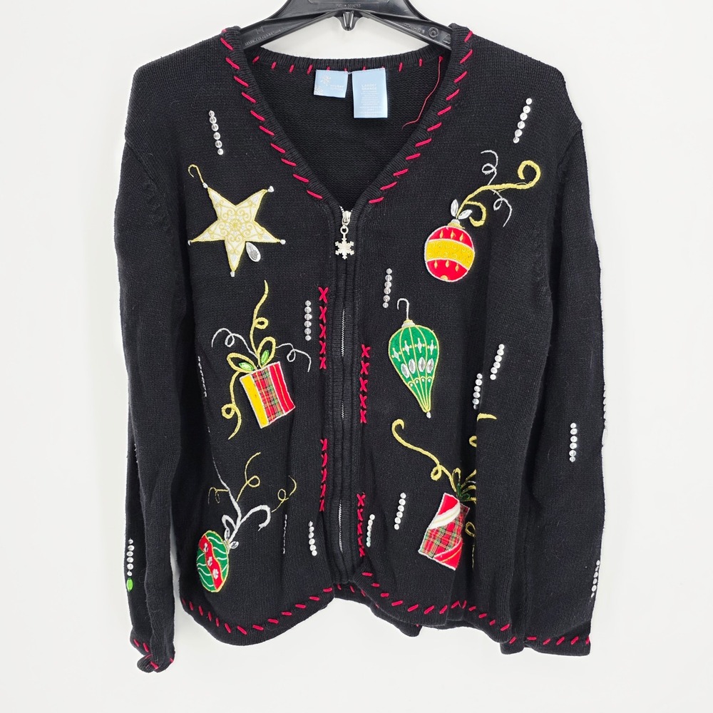 Vintage Holiday Editions Black Christmas Sweater Cardigan Ornaments Star Gifts L